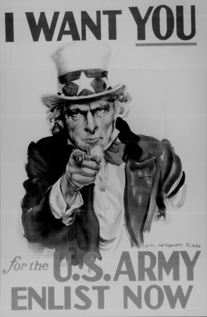 " I Want You for the U.S. Army. Enlist Now." Color poster by James Montgomery Flagg.